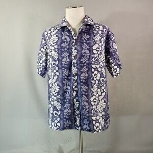 Ali's fashion Hawaiian shirt men's large blue floral short sleeve cotton vintage
